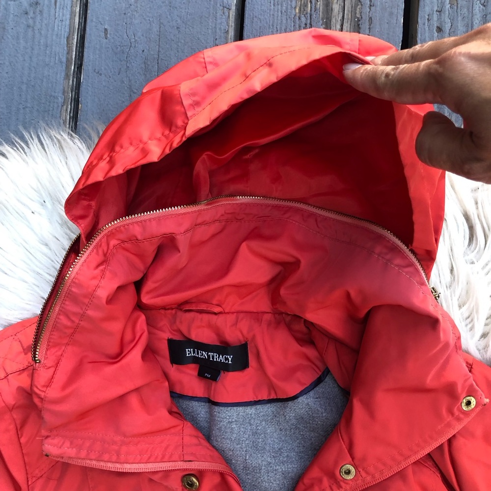 Ellen Tracy Hooded Belted Coral Pink Red Utility Jacket Windbreaker size PM - Picture 6 of 14